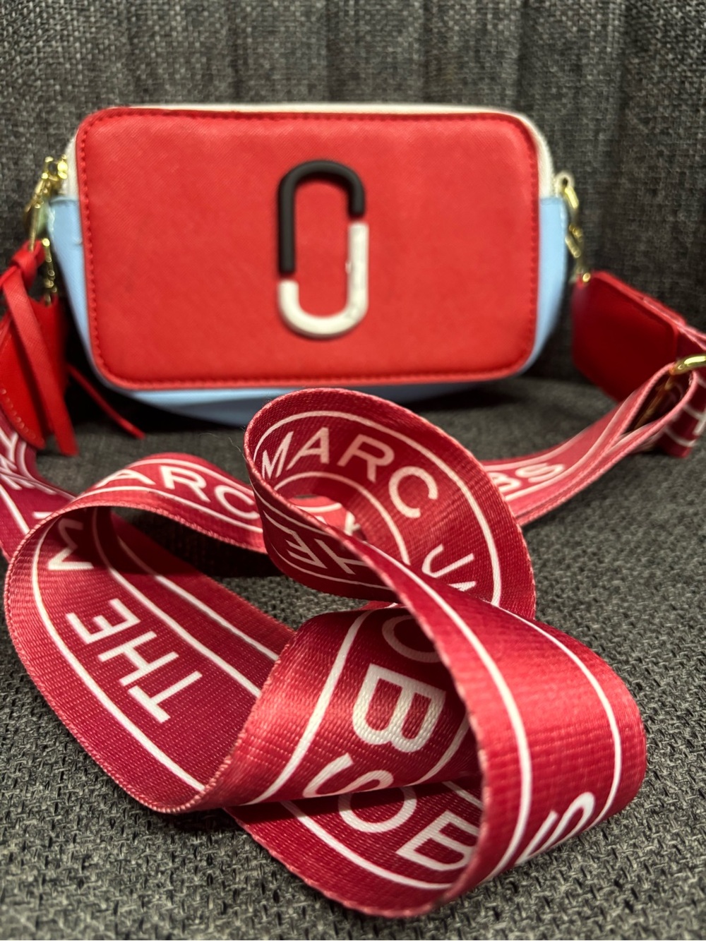 Marc Jacobs Red and Light Blue Logo Strap Crossbody Camera Bag